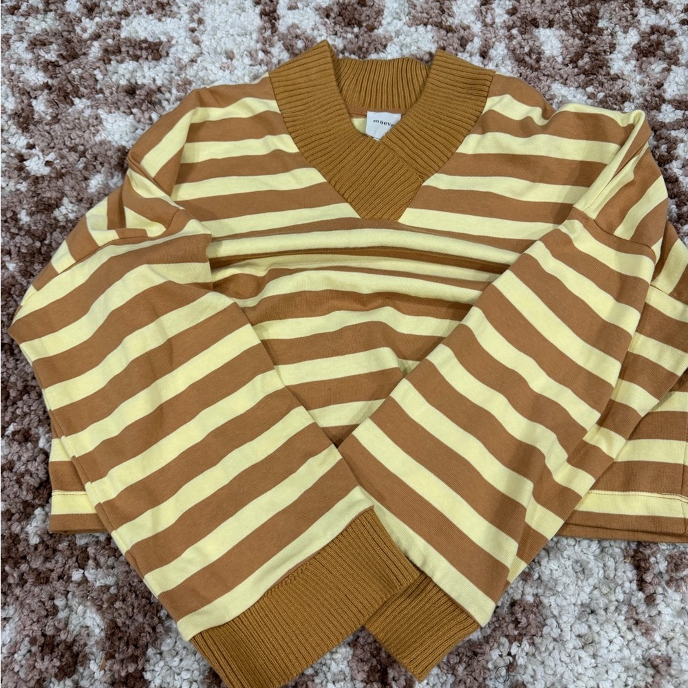 Maeve Striped V-Neck Sweater in Mustard and Cream